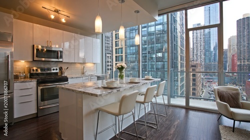 Modern high-rise apartment kitchen with city views.