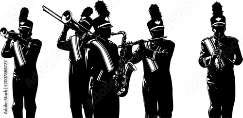 Marching band silhouettes with trumpet, trombone, flute, saxophone, clarinet, musicians in uniform, parade performance, musical ensemble illustration design artwork See Less
