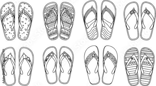 set of flip flops line art, black outline, vector and illustration, coloring book page line art drawing

