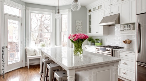 Bright, modern kitchen features a large island and floral centerpiece.