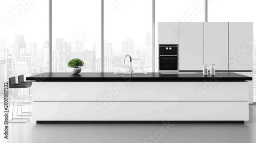 Modern minimalist kitchen with island and city view.