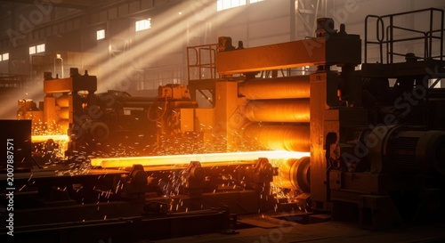 Heavy industrial rolling mill shaping heated iron bars into smooth metal forms with glowing texture and sparks creating dynamic manufacturing scene in factory