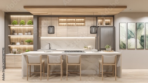 Modern kitchen with light wood cabinets and island seating.