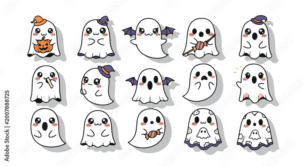 Obraz premium Flat lay of 15 cartoon ghost stickers with various Halloween-themed accessories on a white background in a playful and spooky mood.