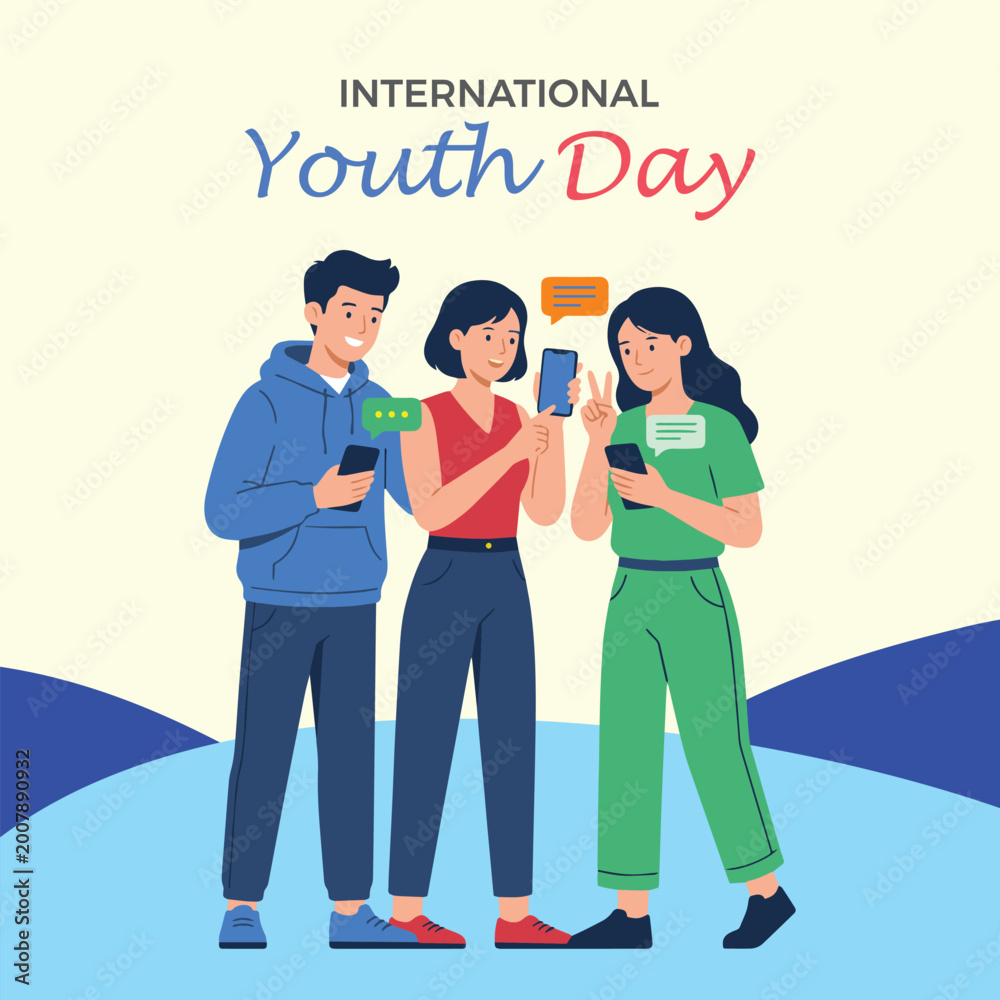 Fototapeta premium International youth day, young people connecting on smartphones and sending messages