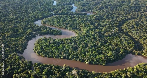 Drone tilt up revealing Amazon rainforest river at sunset with static hover aerial shot Peru