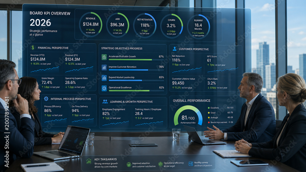 Business professionals analyzing corporate KPI dashboard on a futuristic holographic display in a modern office