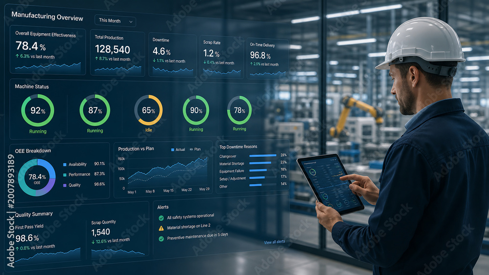 Engineer monitoring industrial manufacturing dashboard with digital tablet in smart factory