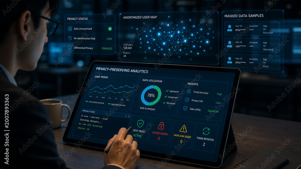 Cybersecurity Professional Analyzing Privacy-Preserving Data Analytics Dashboard on Tablet