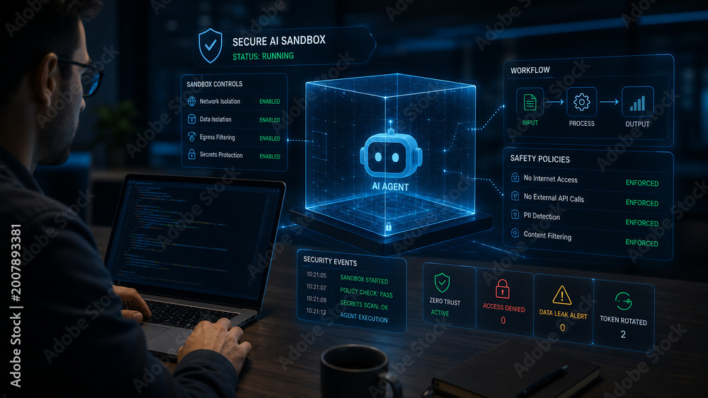 Cybersecurity Professional Monitoring Secure AI Sandbox Environment with Holographic Interface