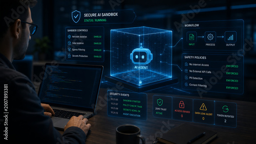 Cybersecurity Professional Monitoring Secure AI Sandbox Environment with Holographic Interface