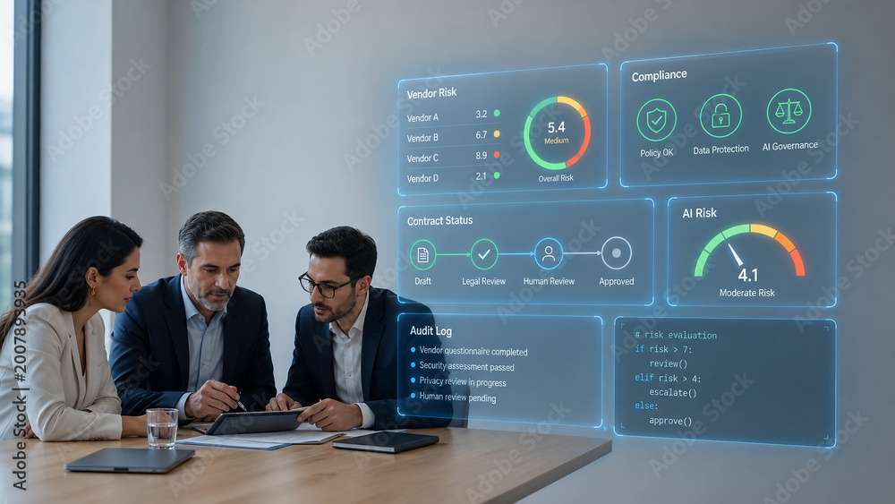 Business Professionals Analyzing AI Risk and Compliance Dashboard on Digital Screen