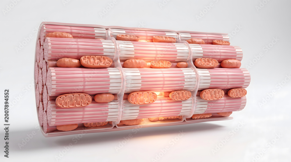 Obraz premium 3D muscle fiber cross section showing sarcomere myofibril mitochondria and glowing energy structure