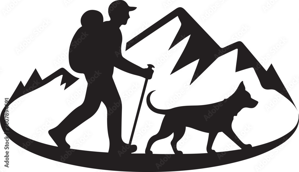 Fototapeta premium Hiker and dog silhouette on mountain path. logo Vector Black silhouettes
