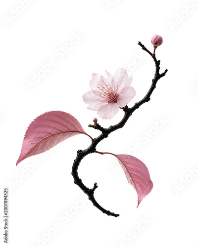 Minimalistische Illustration eines Zweigs mit zarter rosa Blüte und Blättern auf hellem Hintergrund. Elegantes Naturmotiv, das Frühling, Schönheit und Ruhe symbolisiert.