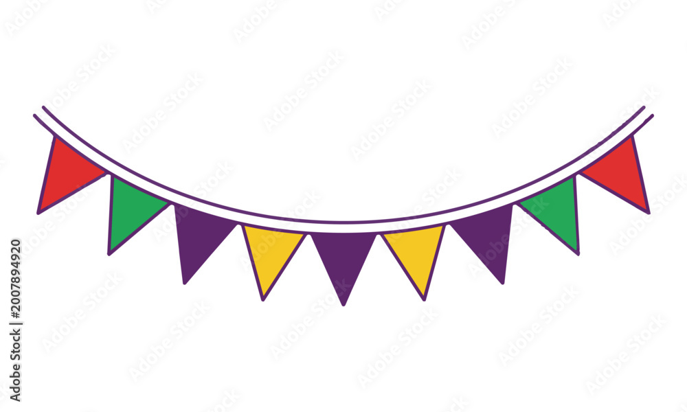 Fototapeta premium Festive decorative garland with colorful triangular pennants on two parallel strings isolated on white background celebration party concept