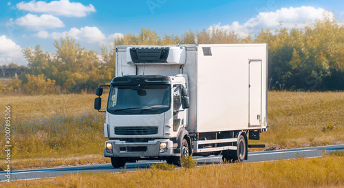 Photos Commercial refrigerated cargo truck driving on open road