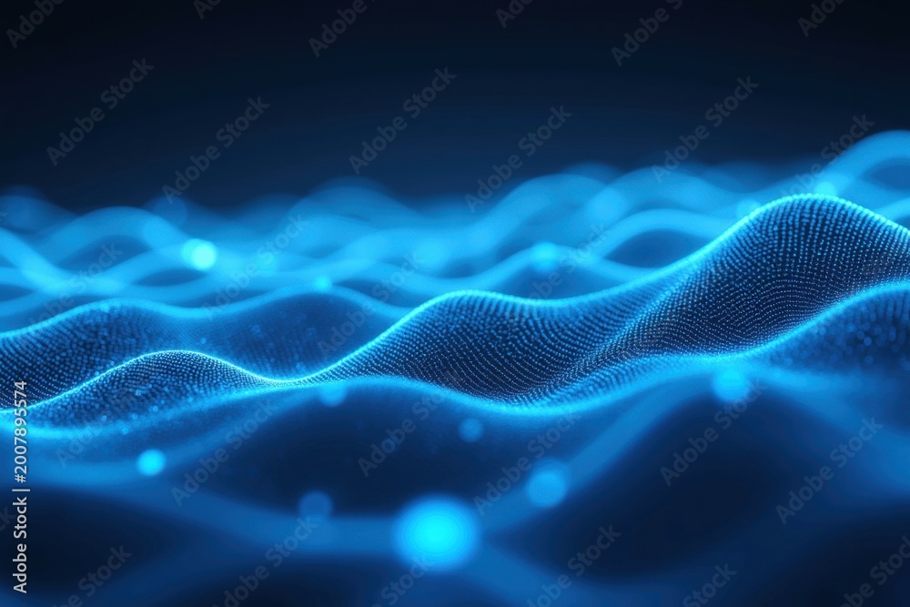 Fototapeta premium Abstract Blue Digital Wavy Particle Grid Background with Bokeh Effect