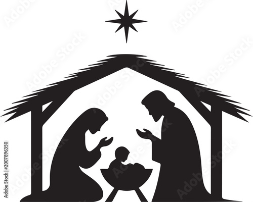 Quadro su tela Nativity Scene Silhouette With Holy Family And Star Of Bethlehem Vector