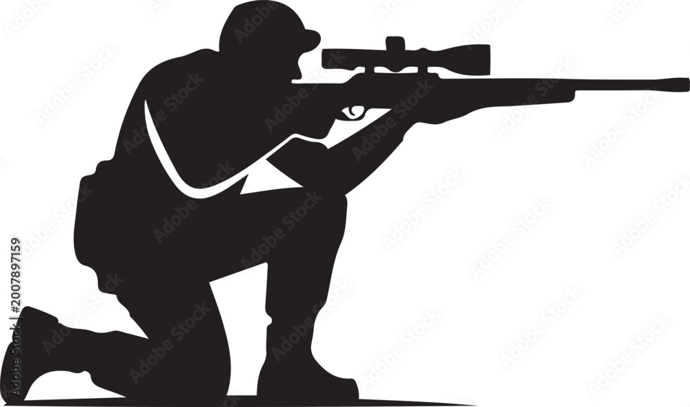 Naklejka premium Soldier sniper silhouette kneeling rifle aiming. logo Vector Black silhouettes