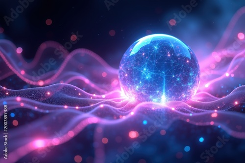 Glowing Blue Sphere Amidst Pulsating Pink Purple Digital Light Waves