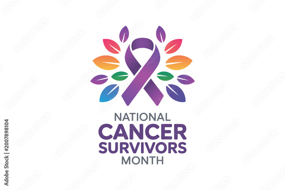 Fototapeta premium National Cancer Survivors Month graphic with colorful ribbon and leaves for healthcare awareness