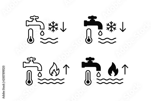 Tableau sur toile Hot and cold water temperature icons with faucet, thermometer, fire, and snowfla
