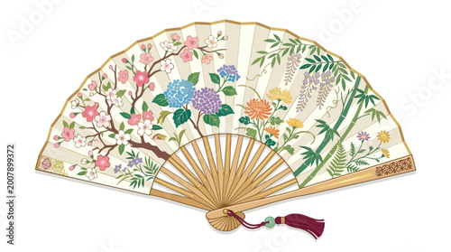 Decorative Japanese folding fan with floral and bamboo patterns digital illustration isolated on white background