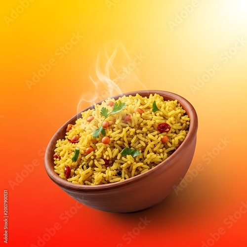 Bowl of yellow spiced lemon rice garnished with lentils and herbs on bright warm ground.