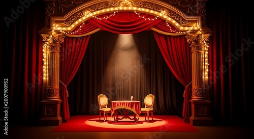 Elegant stage with golden proscenium arch and chairs
