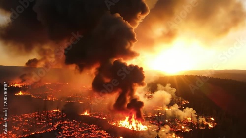 A dramatic night landscape of a blazing forest fire and a roaring fireplace inferno, with hot orange flames and red smoke rising into the dark sky