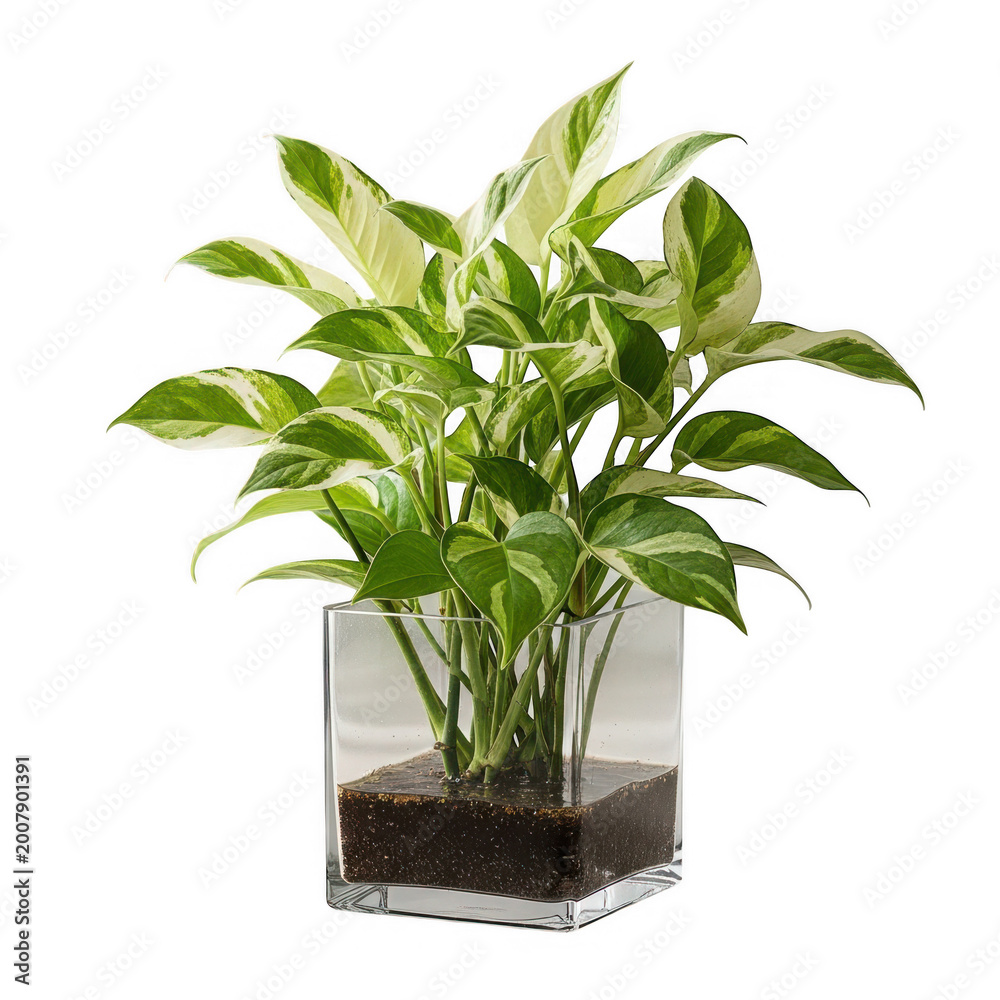 Fototapeta premium Variegated pothos houseplant in square glass vase, lush green and white devil's ivy indoor plant, decorative epipremnum aureum with soil for home office decor