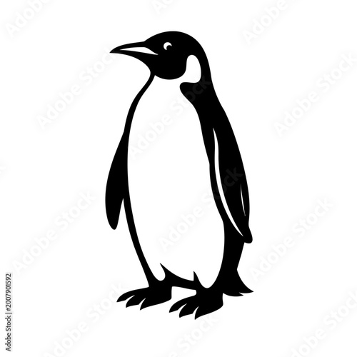 A black silhouette of a penguin standing on a white background, looking to the left with its distinctive beak and flippers.