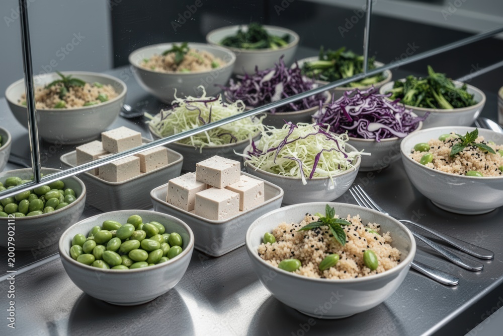Fototapeta premium Healthy meal prep bowls with grains, edamame, tofu and shredded cabbage on counter