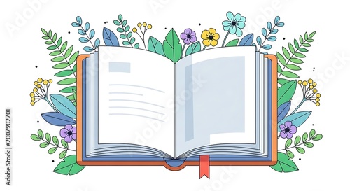 A stylishly illustrated open book with blank pages framed by lush greenery, flowers, and leaves. Perfect for educational, marketing, or lifestyle projects emphasizing learning, nature, and creativity.