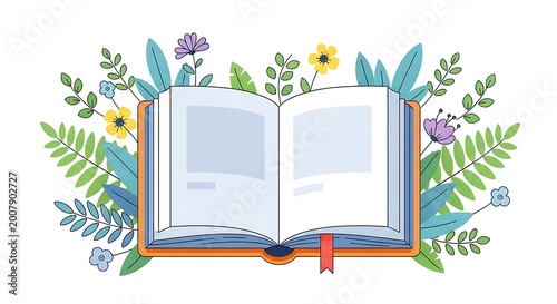 Illustration of an open book surrounded by vibrant flowers and leaves, symbolizing learning and nature