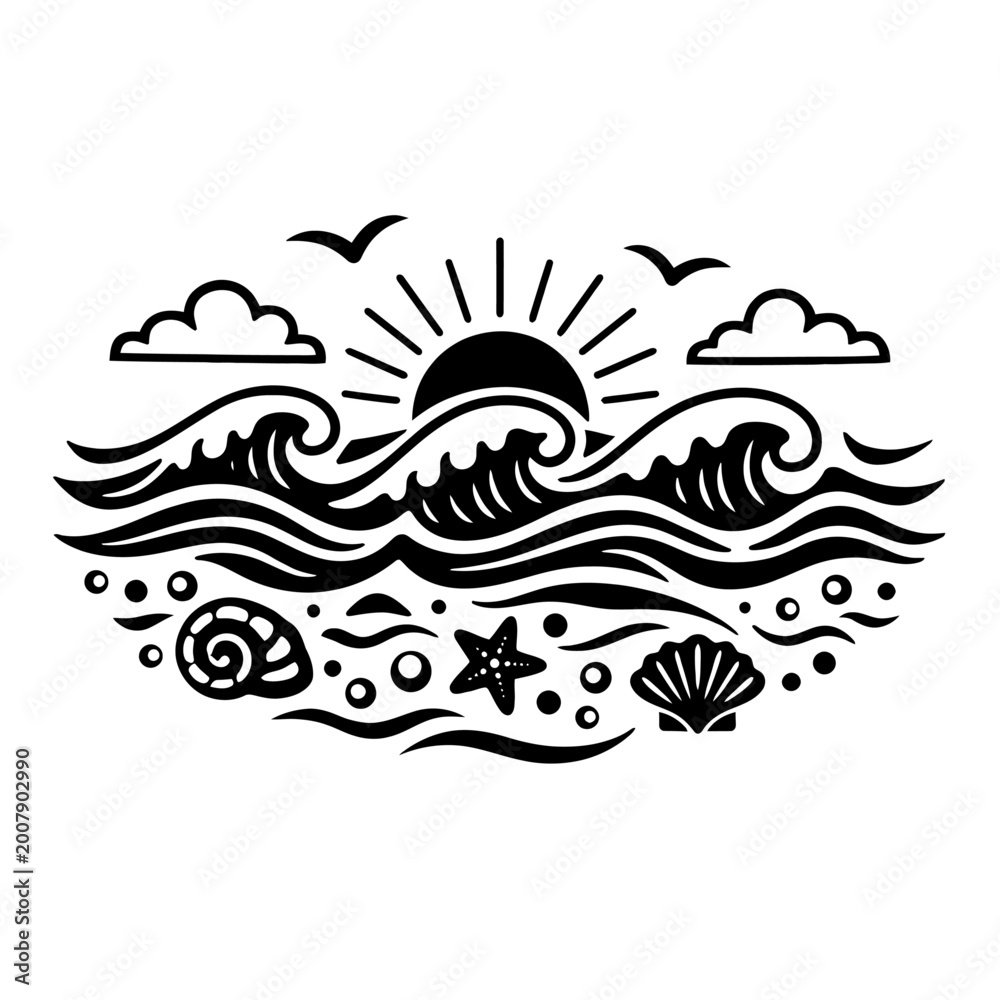 Fototapeta premium Black and white beach scene with sun, waves, and sea creatures on a white background