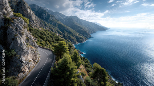 Amalfi Coast winding road along the dramatic cliffs, offering breathtaking panoramic views of the deep blue Tyrrhenian Sea and rugged Mediterranean landscape, inviting travel and adventure