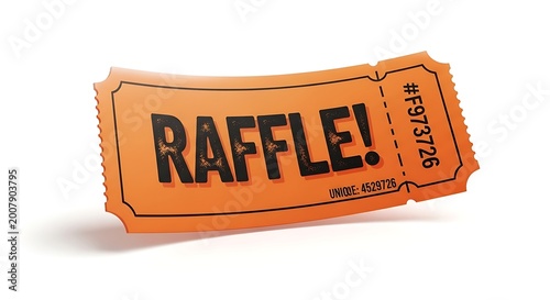 A vivid orange raffle ticket featuring bold black RAFFLE! text and a unique alphanumeric code, ideal for marketing campaigns, event promotions, or contest advertisements.
