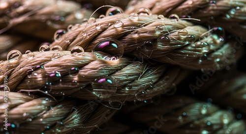 Close up of water droplets on thick beige rope fiber, natural texture background.