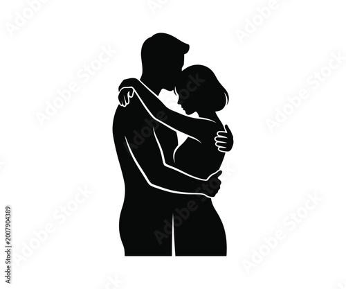 Obraz na plátně Silhouetted couple embracing a romantic and intimate moment of connection