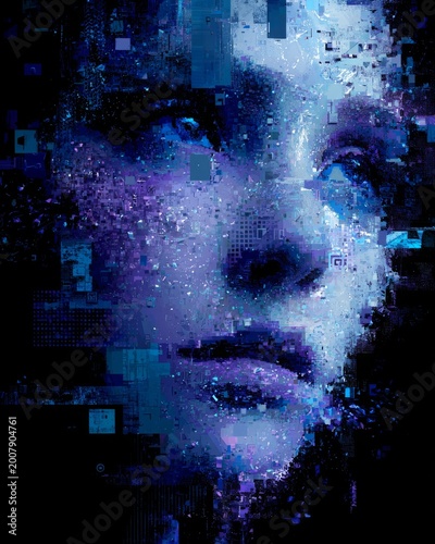 An abstract representation of a person's face made of fragmented glowing pixels and social media symbols, with some parts missing or crumbling.
