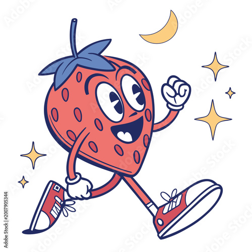 Cartoon Strawberry Character with Moon and Stars