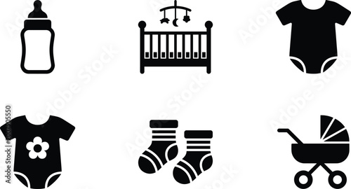 Bild auf Leinwand Baby care icons set with crib stroller bottle socks and clothing silhouette vect