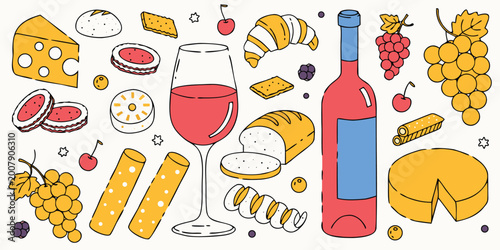 Fotografie Colorful doodle food and wine elements with bakery and fruit