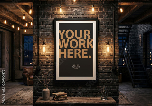 Vertical poster mockup in black wooden frame in dark loft interior