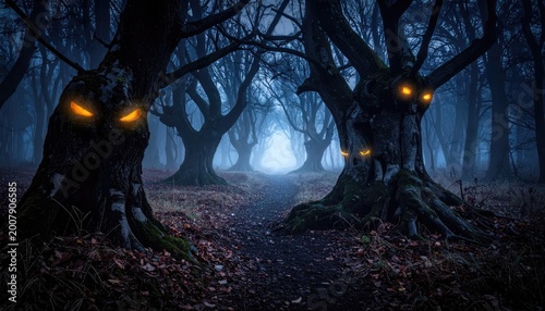 Eerie forest path with glowing eyes creates spooky atmospheric scene