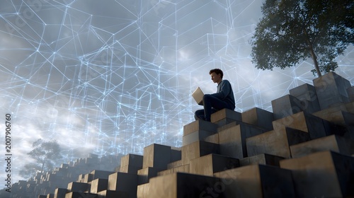 A developer sits on a tiered structure surrounded by a complex digital network overlay symbolizing technological progress