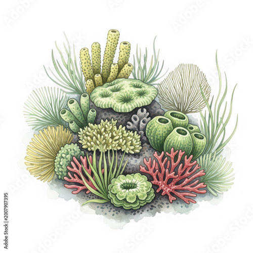 A colorful illustration of coral and sea anemones on a rock isolated on transparent background, PNG