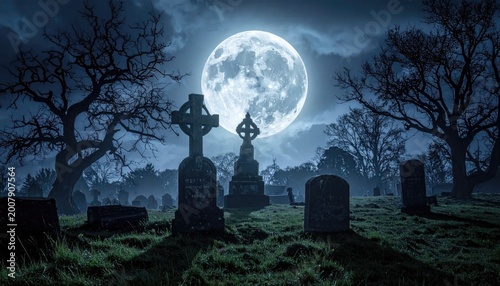 Eerie graveyard scene under a full moon silhouettes of trees and tombstones